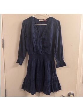 Vineyard Vines Navy Blue Textured V-Neck Smocked Waist Dress
